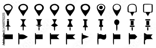Set of map pin icon, push pin, GPS location symbol, flag icon, vector illustration