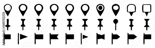 Set of map pin icon, push pin, GPS location symbol, flag icon, vector illustration
