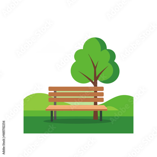 this image shows a solitary wooden park bench in a