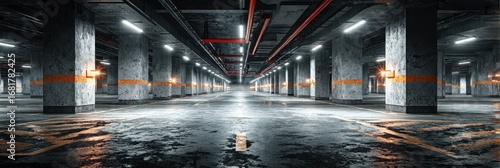 Modern underground parking garage with spacious layout and bright lighting ambiance in the evening