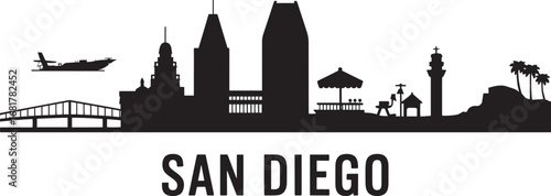 San Diego Skyline Silhouette Vector Illustration with City Name on Transparent Backdrop