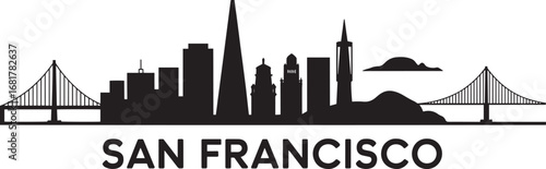 San Francisco Skyline Silhouette Vector Illustration with Golden Gate Bridge and Cityscape View