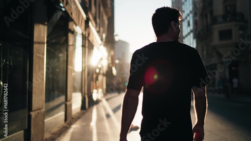 Silhouette of man walking through city street at sunrise with strong shadows. Represents reflection, balance, and vitality in modern urban lifestyle.
