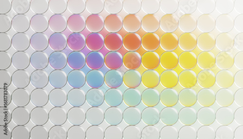 3D crystal circles glowing with soft pastel colors