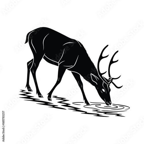 A graceful black silhouette of a wild stag with large antlers drinking from a tranquil stream. Minimalist vector art of wildlife in nature
