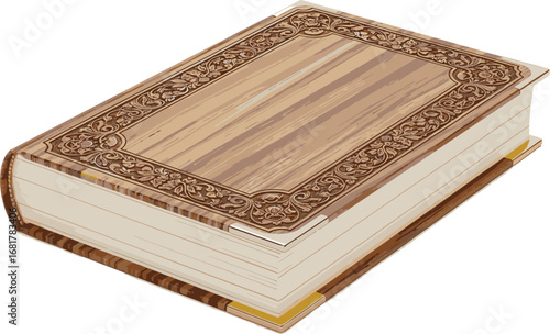 Vintage Manuscript A Detailed Illustration of a Classic, Bound Book in a Rich Woodgrain Design