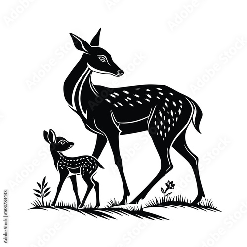 Elegant black and white silhouette illustration of a mother deer and her baby fawn standing together in a field of grass