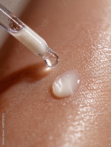 Close-up macro shot of a drop of white serum or lotion falling from a glass dropper onto a light beige skin texture, high-key lighting, 
