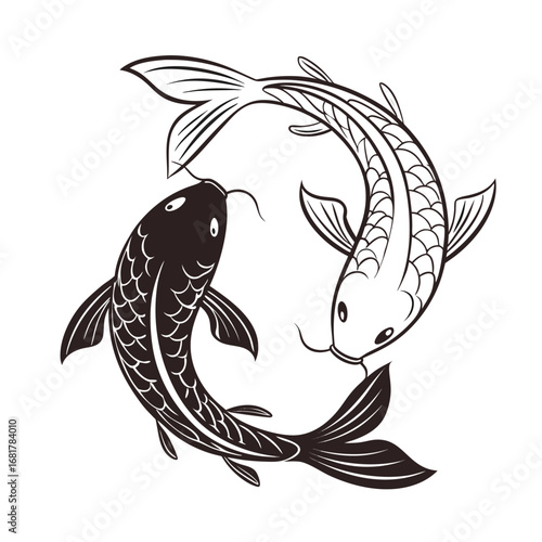 Monochrome illustration of two Japanese koi carp swimming in a circular motion, creating a symbol of balance and harmony