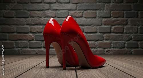 Pair of red high heel shoes on wooden floor against brick wall