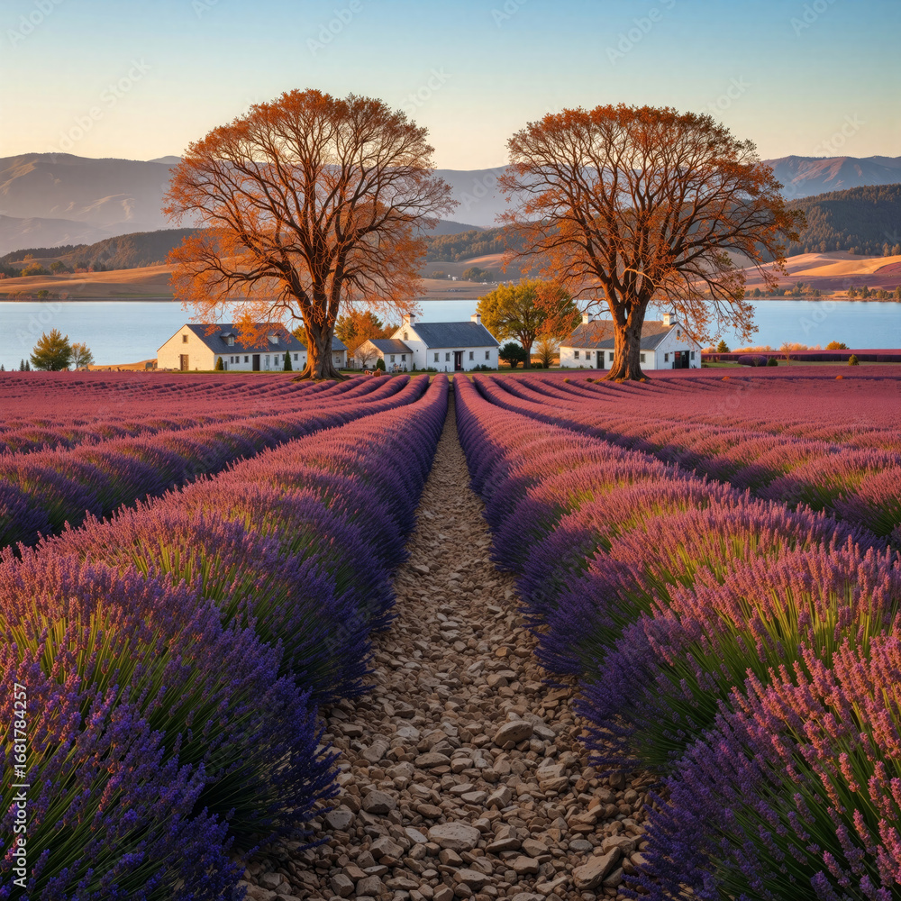 Fototapeta premium Golden hour over vibrant lavender fields and lakeside homes