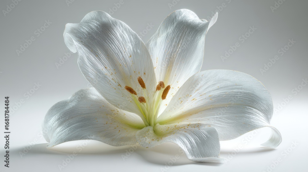 Fototapeta premium Delicate white lily with prominent stamens on a soft gradient backdrop