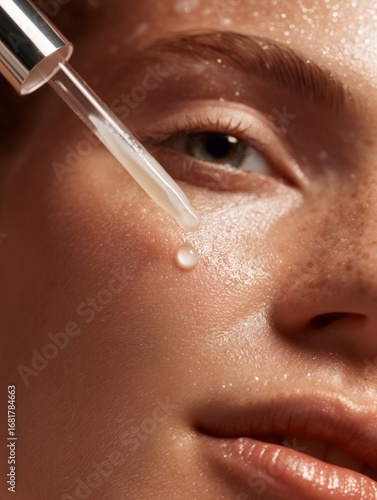 Close-up macro shot of a drop of white serum or lotion falling from a glass dropper onto a light beige skin texture, high-key lighting, 