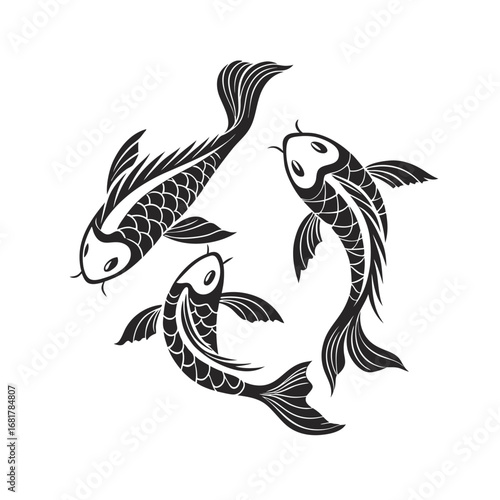 A minimal black and white vector illustration of three Japanese koi fish swimming together in a harmonious circular Zen pattern