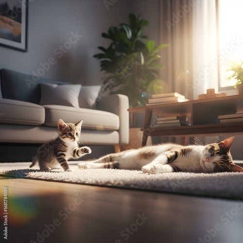 Wallpaper Mural Adorable playful kitten pounces towards a relaxed older cat resting on a cozy living room rug with warm sunlight Torontodigital.ca
