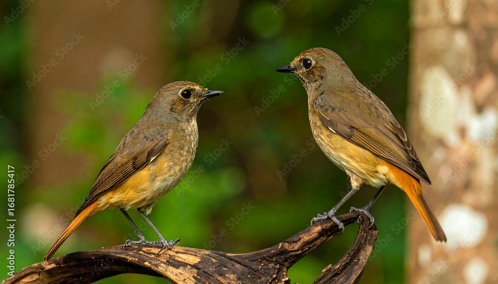 Fototapeta premium Two small birds with reddish tails perched on a weathered branch against a blurred green background
