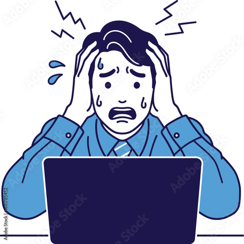 Stressed man working on laptop computer problem frustration error