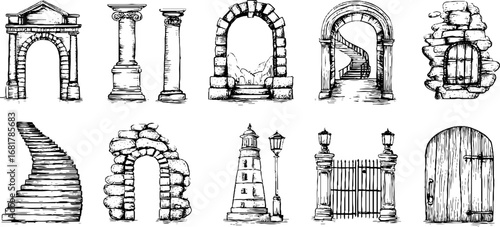 Hand drawn doodle set of architectural elements with archways, columns, and gates