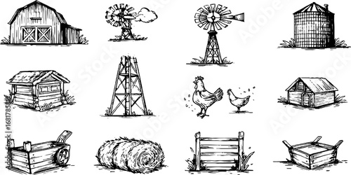 Rustic farm life concept with hand drawn doodle icons set featuring barn, silo, farmhouse, windmills, and animals for design projects