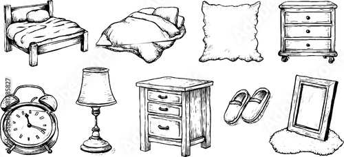 Hand drawn doodle icons set of bed, pillow, blanket, furniture, and bedroom items for design and decor