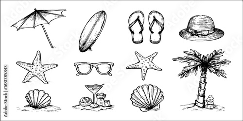 Hand drawn beach doodle icon set featuring umbrella, flip flops, surfboard, sandcastle, and more