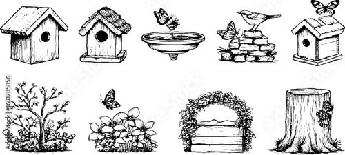 Hand drawn doodle icons set of birdhouses, feeders, butterflies, and nature elements for design