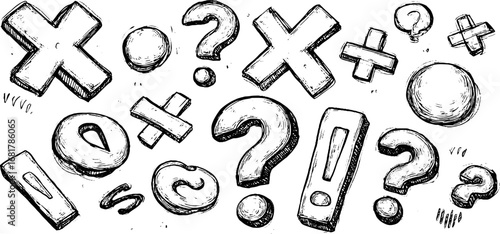Hand drawn doodle icon set of check marks, crosses, and punctuation for creative design