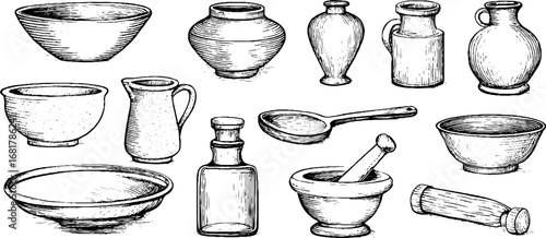 Hand drawn doodle icons set of clay pots and amphora collection for vintage design projects