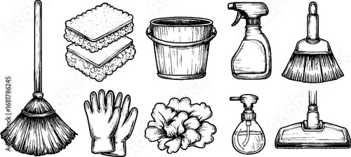 Hand drawn doodle set of cleaning tools and accessories