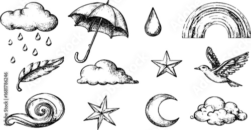 Hand drawn doodle icon set featuring clouds, raindrops, and umbrella for weather-themed designs