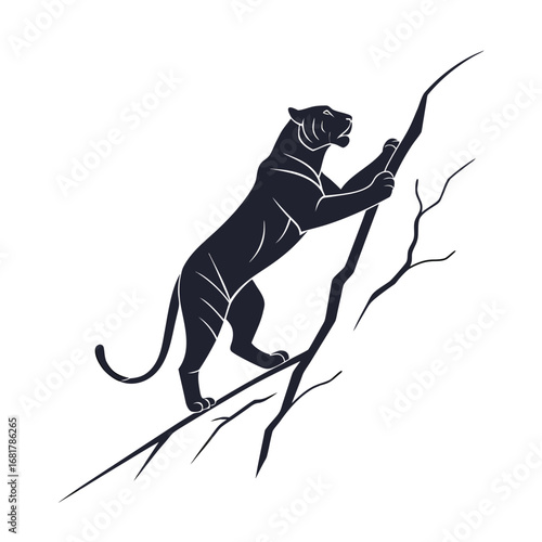 Powerful black panther silhouette climbing a tree branch, a minimalist vector illustration of a wild jungle cat