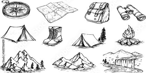 Adventure and exploration doodle icons set: compass, map, and nature elements - perfect for travel design projects