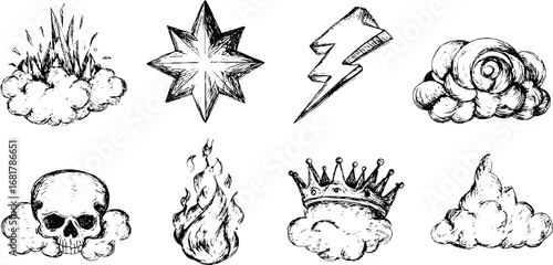 Hand drawn doodle icon collection of explosive and dynamic bubbles and skulls