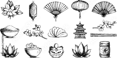 Hand drawn doodle icon set featuring lanterns, firecrackers, and asian cultural elements for creative design