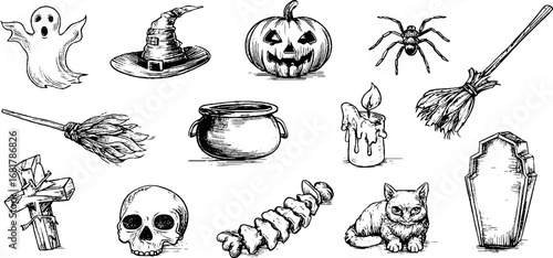 Halloween hand drawn doodle icons set featuring ghost, pumpkin, and spider for festive designs