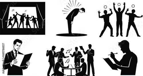 Actors and performers dancing, rehearsing, reading scripts, and presenting stage performances in creative performing arts vector illustration set.