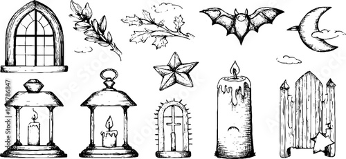 Hand drawn gothic windows and candle lanterns doodle icon set for creative design