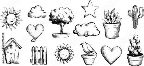 Charming doodle icons set featuring happy sunflower, house, and more for creative design