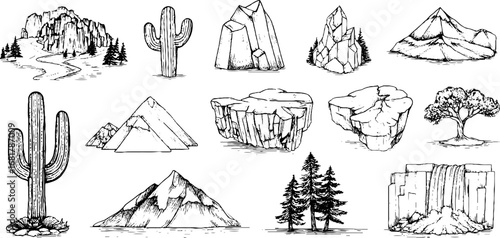 Hand drawn doodle set of mountains, rivers, caves, and nature elements