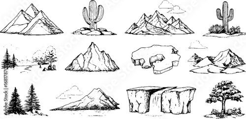 Hand-drawn doodle icons set of mountains, rivers, and caves for design and decoration