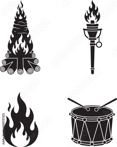 Symbols of light sound and community campfire torch flame and drum vector illustration
