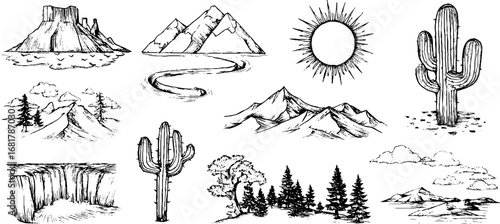 Hand drawn doodle icons of mountains, rivers, and caves for design projects