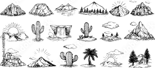 Hand drawn doodle icons set of mountain, river, and cave elements for nature designs
