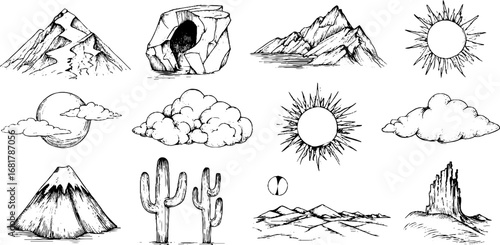 Hand drawn doodle icons set of mountains, rivers, sun, clouds, and cacti for nature and adventure themes