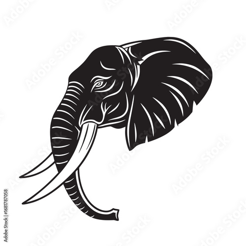 Elegant black and white vector silhouette of a majestic African elephant head with prominent tusks, perfect for a powerful logo or emblem design