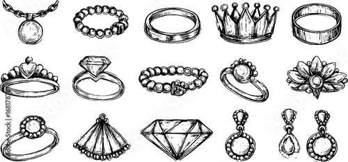 Hand drawn doodle set of jewelry icons featuring necklaces, bracelets, and rings