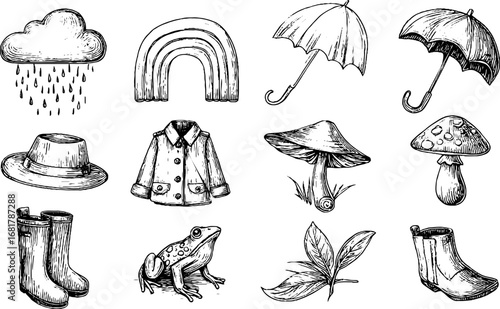 Hand drawn doodle set: rain gear, nature elements, and cute icons for creative design inspiration