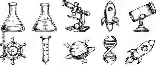 Hand drawn doodle icons set of science tools and concepts for educational design