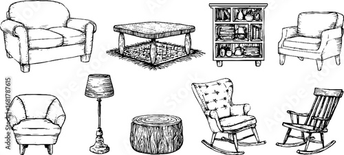 Hand-drawn doodle icons of furniture set featuring sofa, armchair, coffee table, and rocking chair
