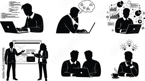 Business people working on laptops, analyzing data, brainstorming ideas, developing websites, and collaborating in office vector illustration set.